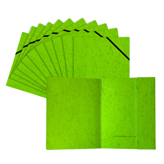 Pack of 12 A4 Neon Green Card 3 Flap Folders With Elastic Closure