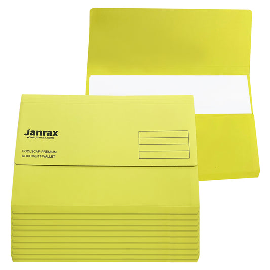 Pack of 10 Yellow Card Premium Foolscap Document Wallets