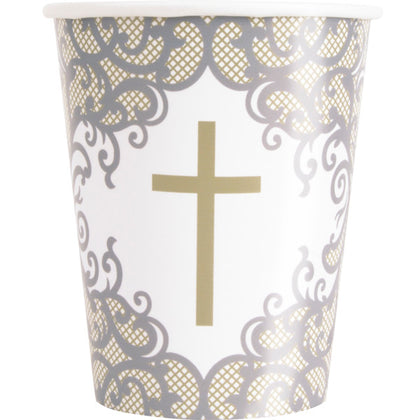 Pack of 8 Fancy Gold Cross 9oz Paper Cups