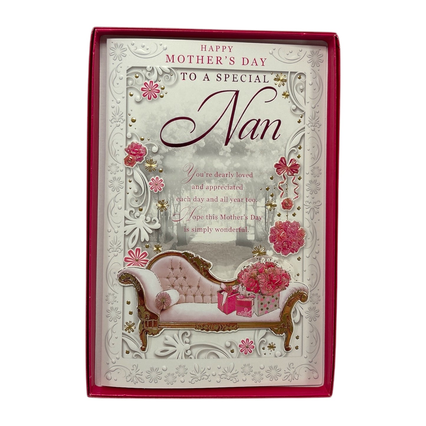 To Special Nan Flowers & Gift On Sofa Design Mother's Day Boxed Card