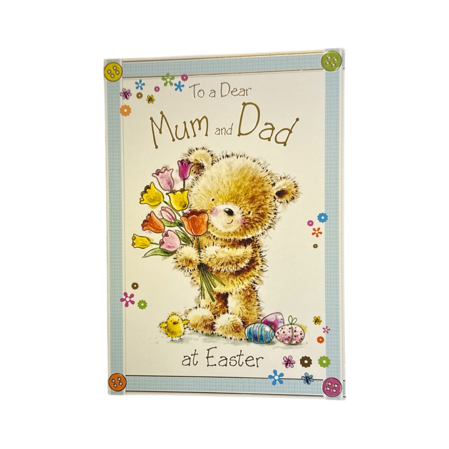 To Dear Mum And Dad  Cute Teddy Holding Tulip Flowers Design Easter Card