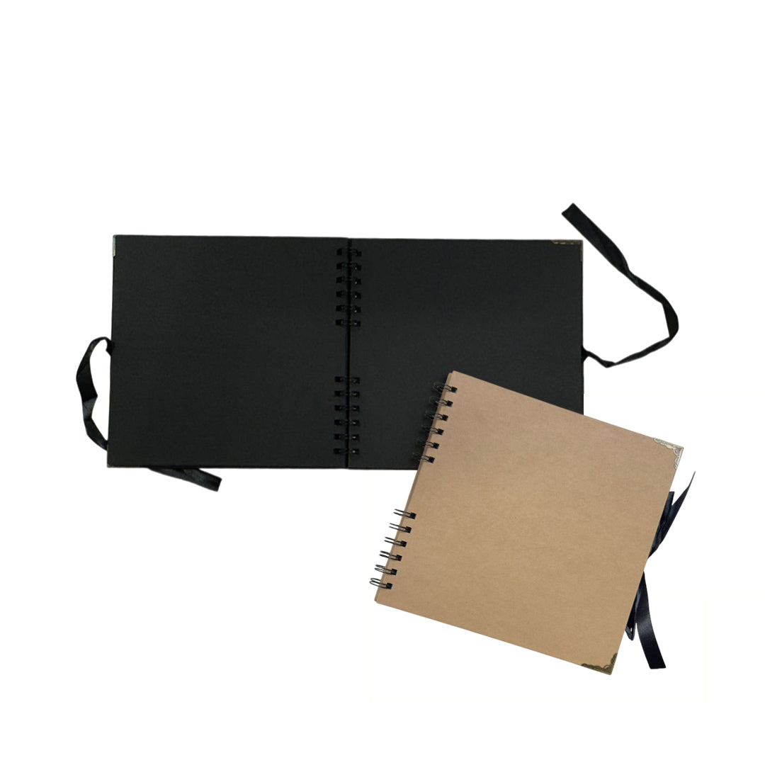 Pack of 2 Spiral Bound 180gsm Kraft & Black Scrapbooks with Ribbon Closure and Metal Corners - 30 Sheets 20x20cm