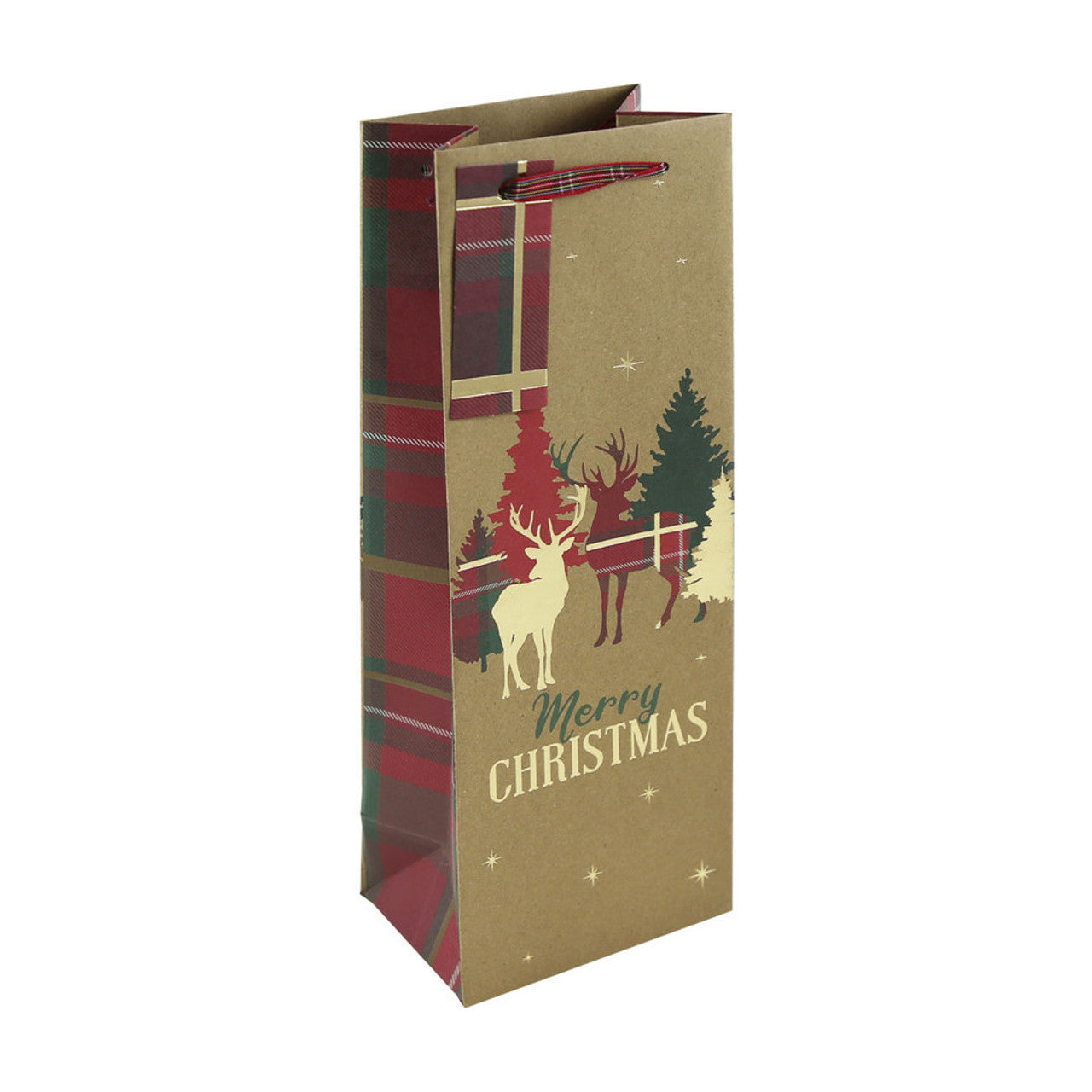 Christmas Kraft Stag Tartan Text Bottle Gift Bag