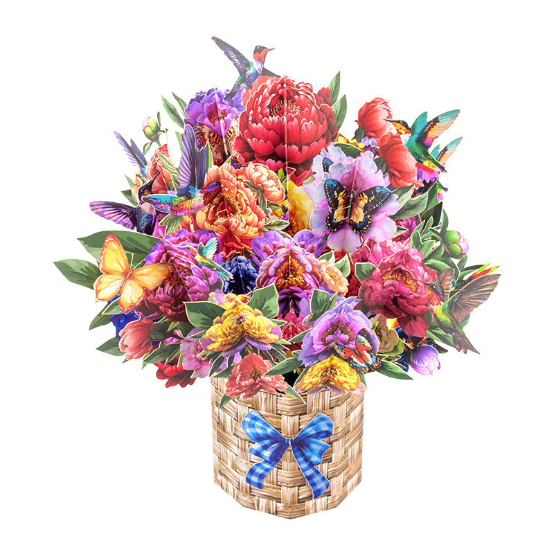 Hummingbird Haven Basket of Blooms 3D Pop Up Card - Mother's Day Birthday Wedding Anniversary 