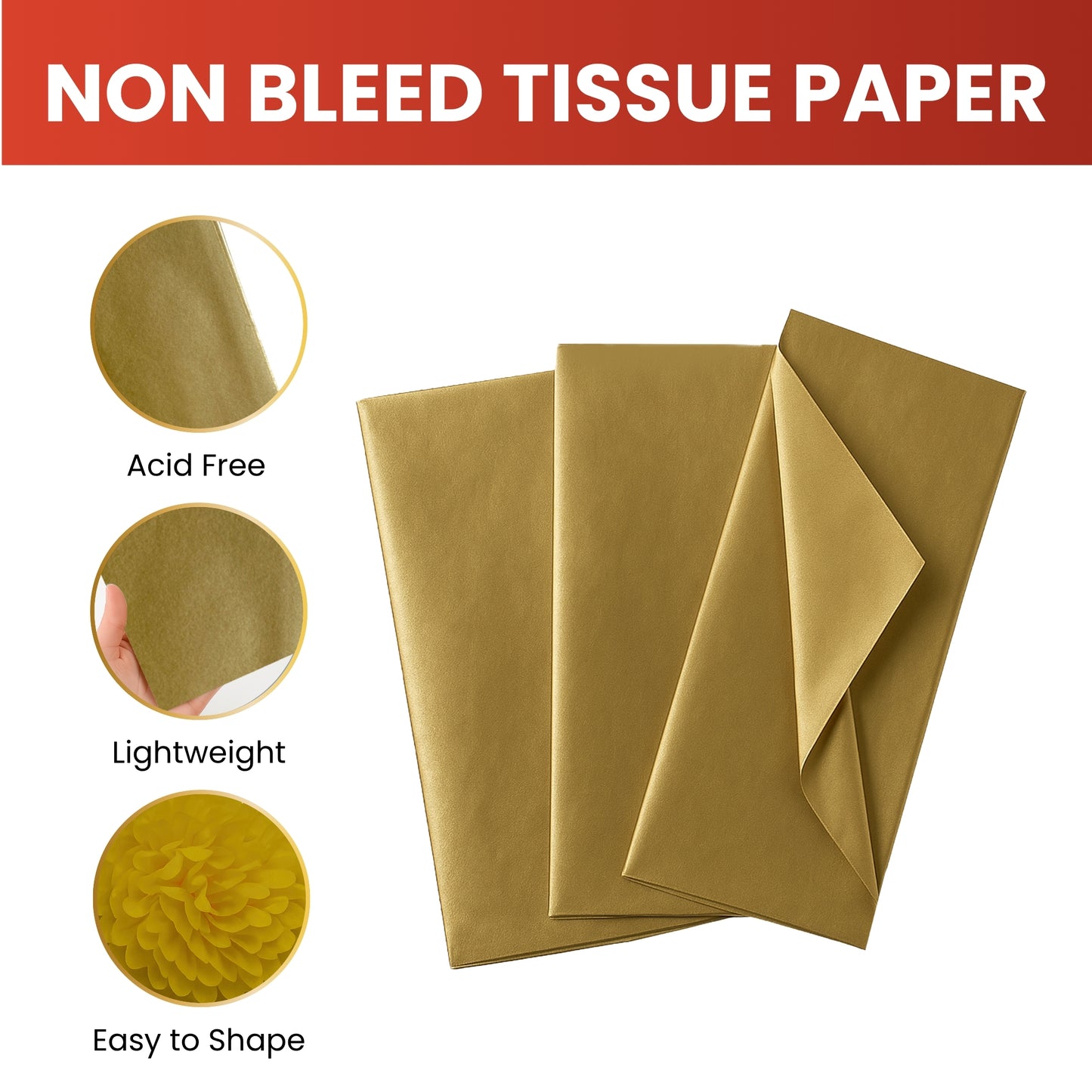 Pack of 200 Metallic Gold Acid Free 50 x 70cm Tissue Paper Sheets