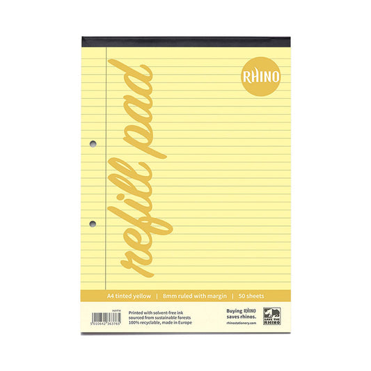 Pack of 6 Rhino A4 Yellow Paper 100 Page 8mm Lined with Margin Refill Pads