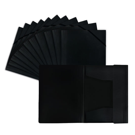 Pack of 12 A4 Black 3 Flap Folders with Elasticated Closure