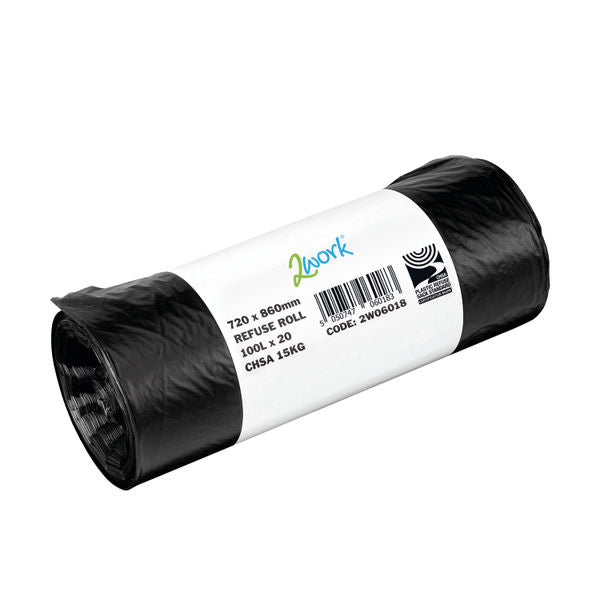 Pack of 10 2Work Refuse Sack 100 Litre Black 20 Bags per Roll