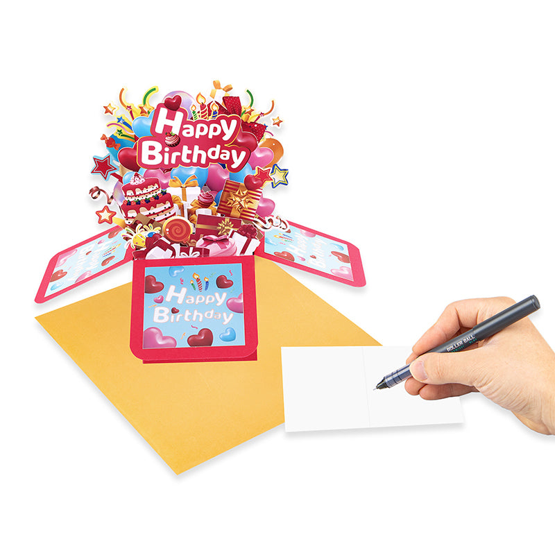 Heart Balloons Bright Red 3D Pop Up Birthday Box Card - Fireworks Cake Surprise Gift Box