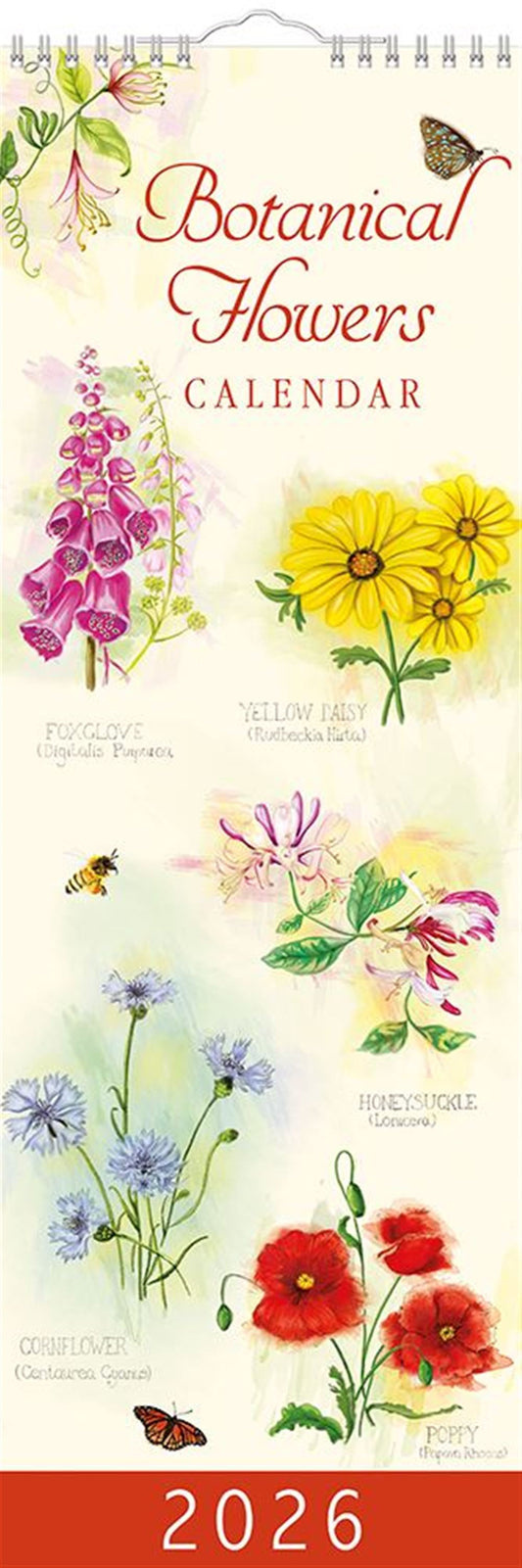 Slim Month To View Calendar 2026 – Botanical Flowers – 143mm x 417mm