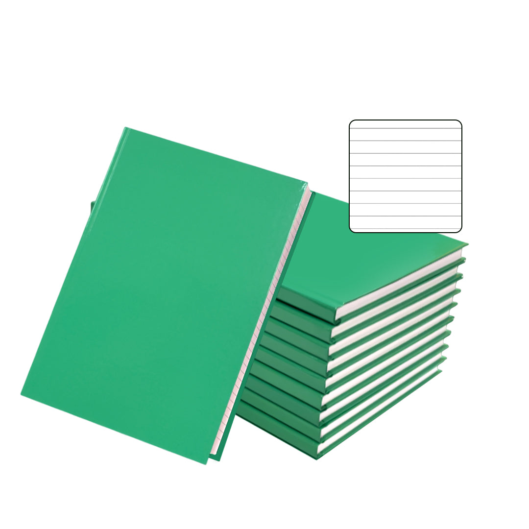 Pack of 10 A5 160 Pages 8mm Ruled Green Casebound Notebooks