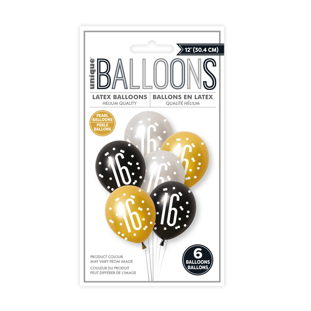 Pack of 6 Birthday Black Platinum Pearl Glitz Number 16 12" Latex Balloons