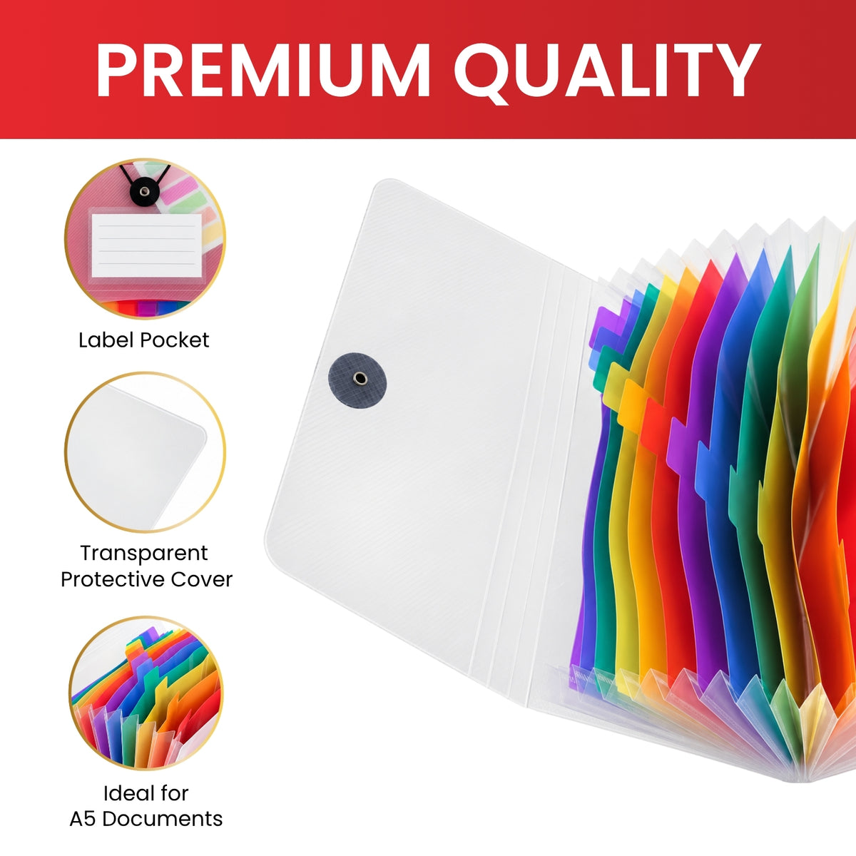 Pack of 12 A5 13 Part Rainbow Coloured Tabs Expanding Files With Elastic Closure