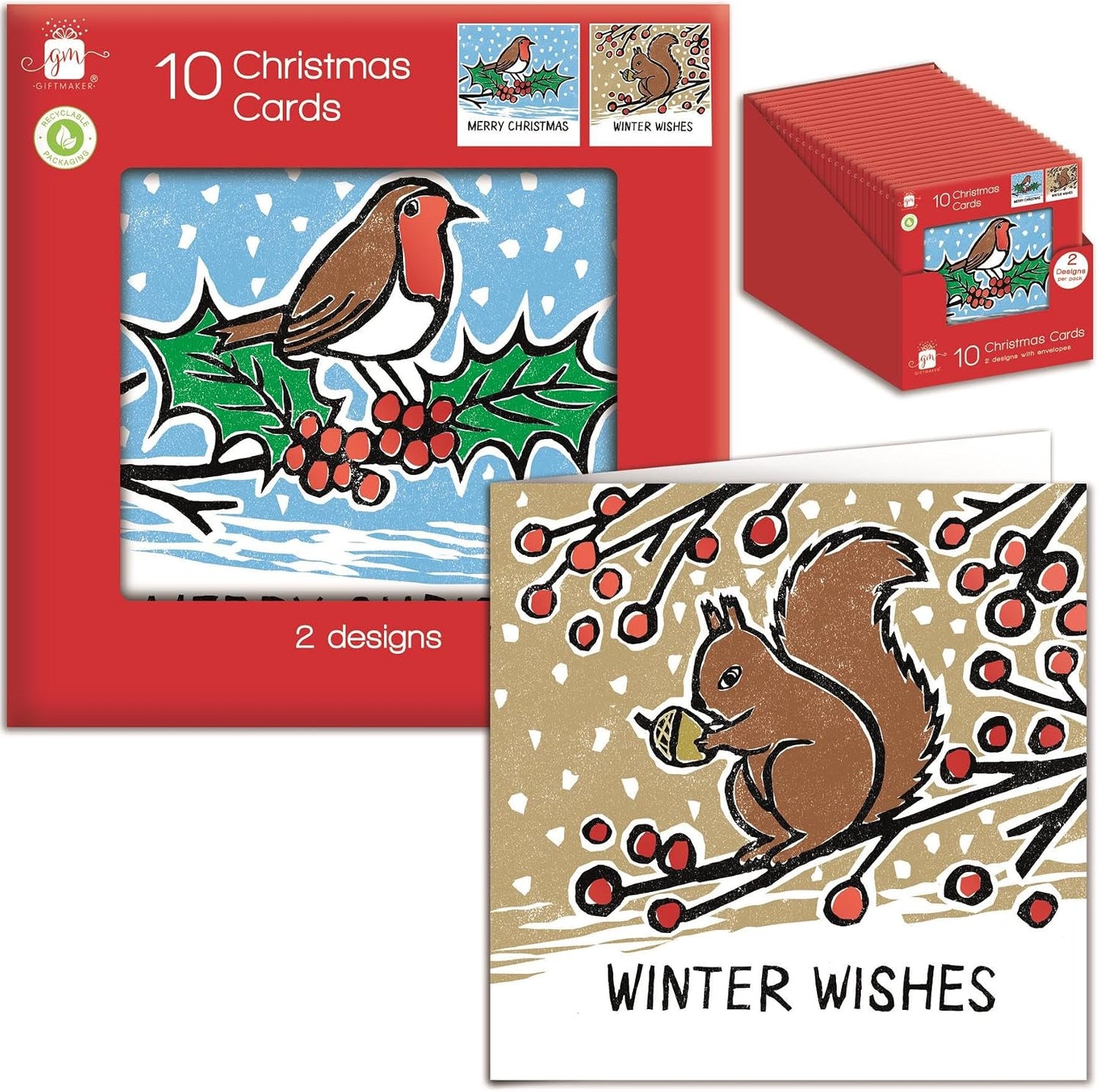 Pack of 10 Woodland Animals Design Square Christmas Cards With Envelopes
