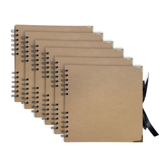 Pack of 6 Spiral Bound 180gsm Kraft Scrapbooks with Ribbon Closure and Metal Corners - 30 Sheets 20x20cm
