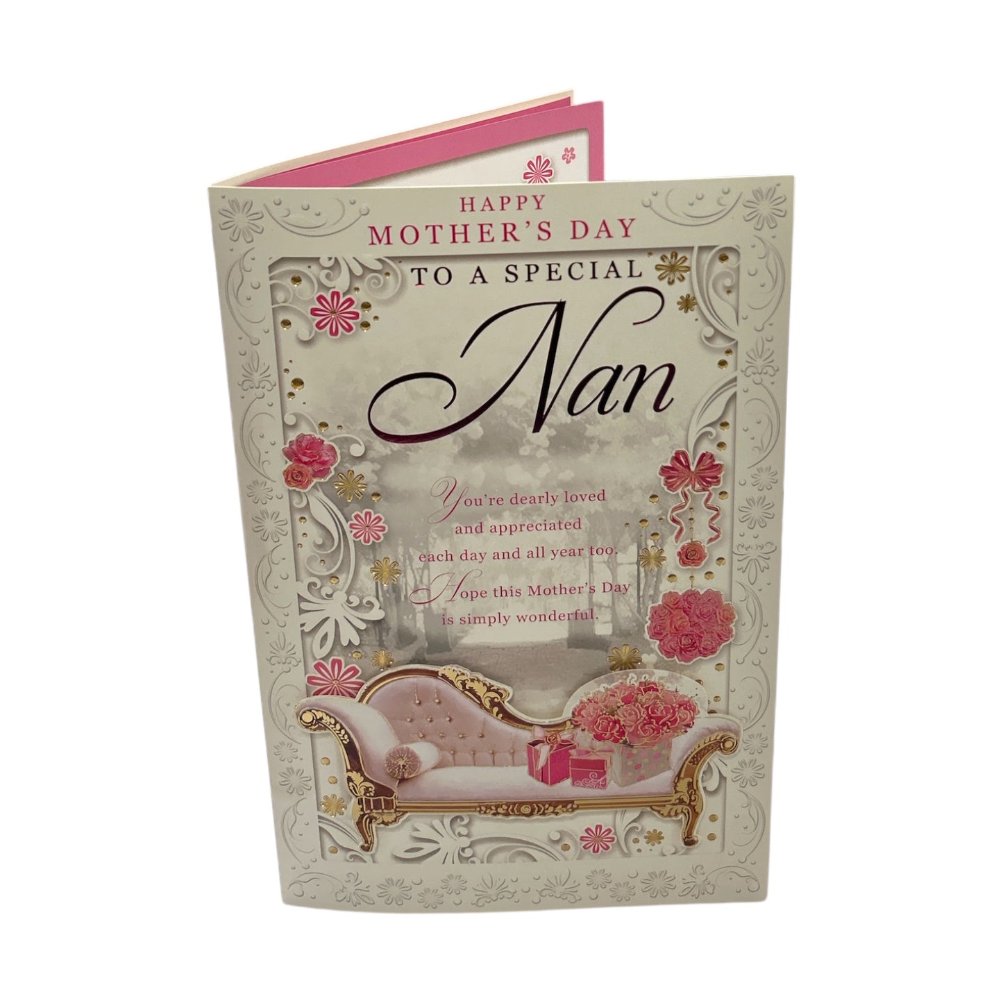 To Special Nan Flowers & Gift On Sofa Design Mother's Day Boxed Card