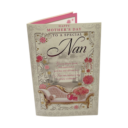 To Special Nan Flowers & Gift On Sofa Design Mother's Day Boxed Card