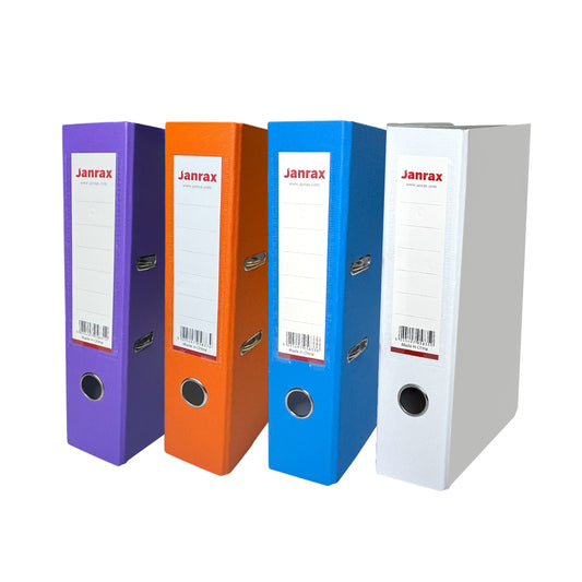 Pack of 4 A4 Lever Arch Files Paperbacked – 70mm Spine, 2 Ring Mechanism, Thumb Hole & Replaceable Spine Label – Purple, Orange, Light Blue, White