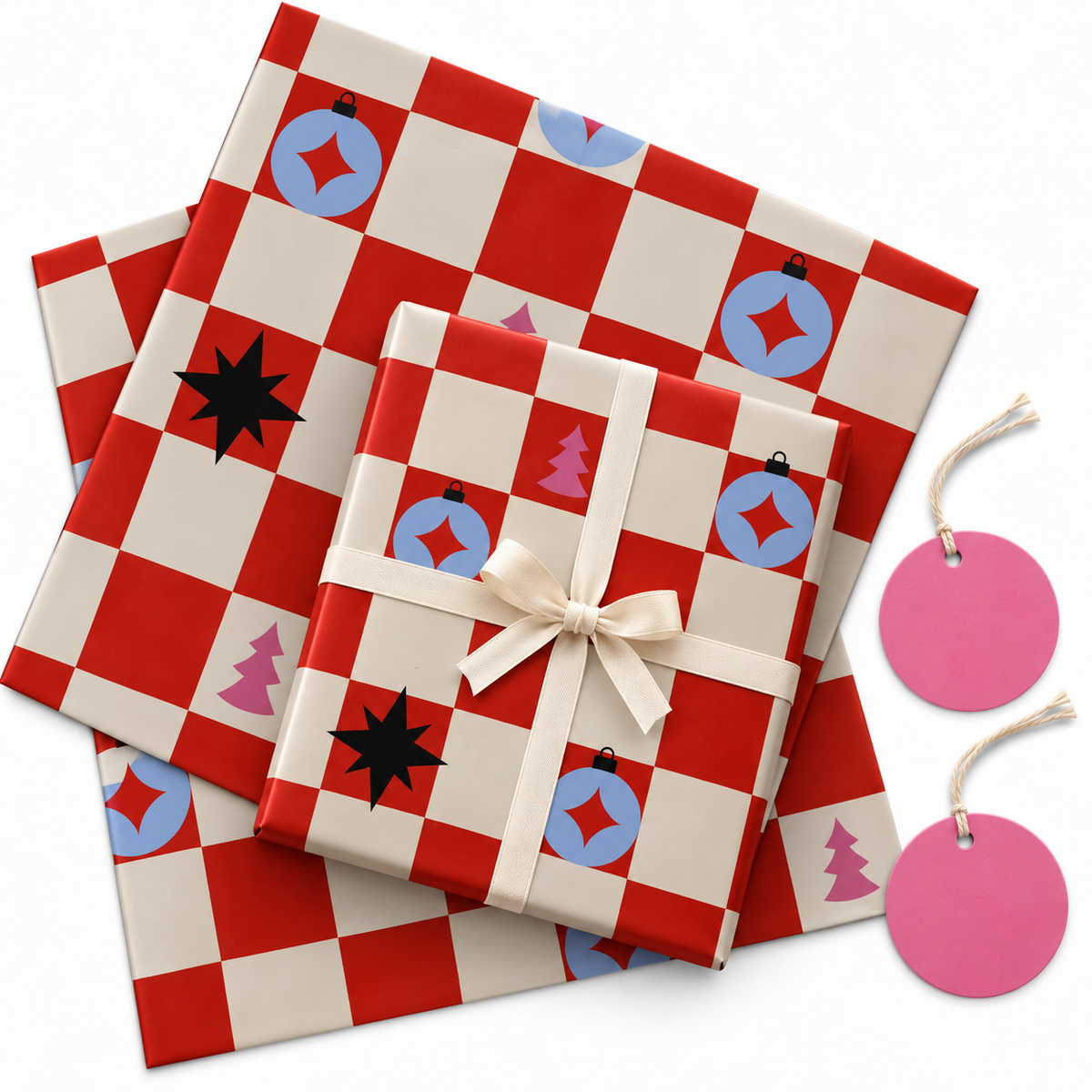 Pack of 2 Festive Checkboard Design 50 x 70 cm Gift Wrap Sheets with 2 Tags - Christmas Valentine’s Mother's Day Everyday Celebrations