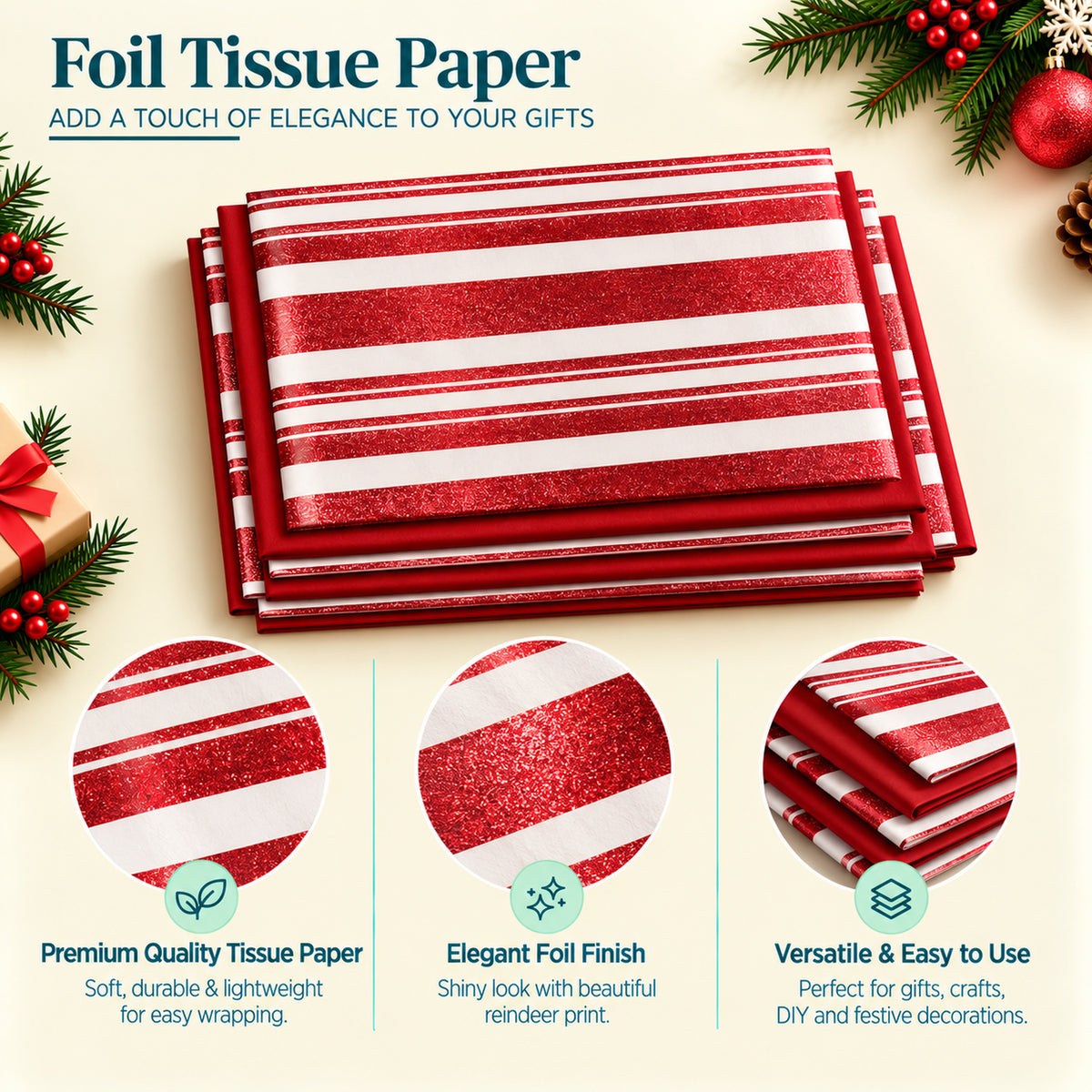 Pack of 8 Modern Stripe Band Luxury Red Foil Design & Plain Red 50 x 70 cm Tissue Sheets - Christmas Valentine Wedding Birthday