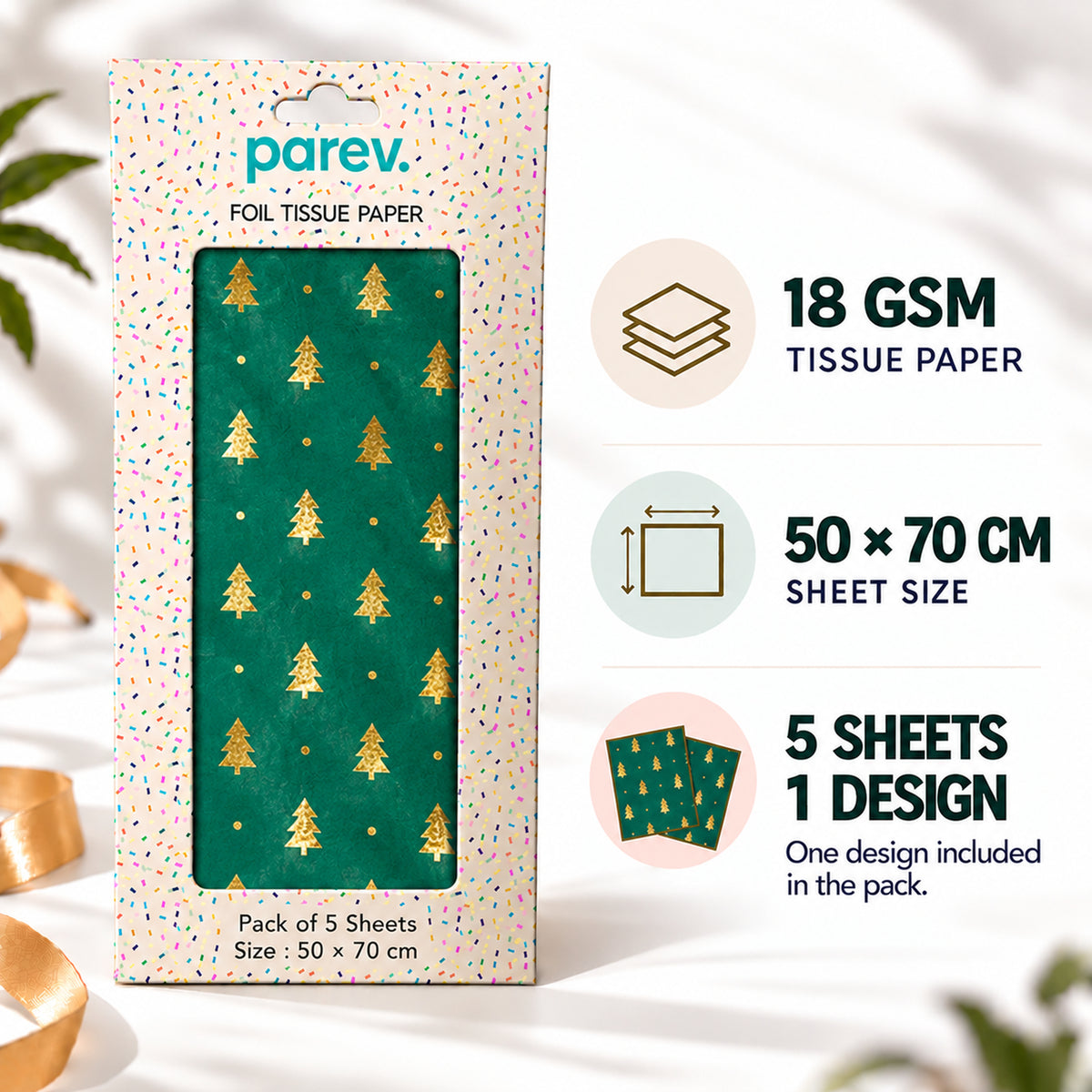 Pack of 5 Christmas Tree Dots Design 50 x 70 cm Luxury Gold Foil Tissue Sheets