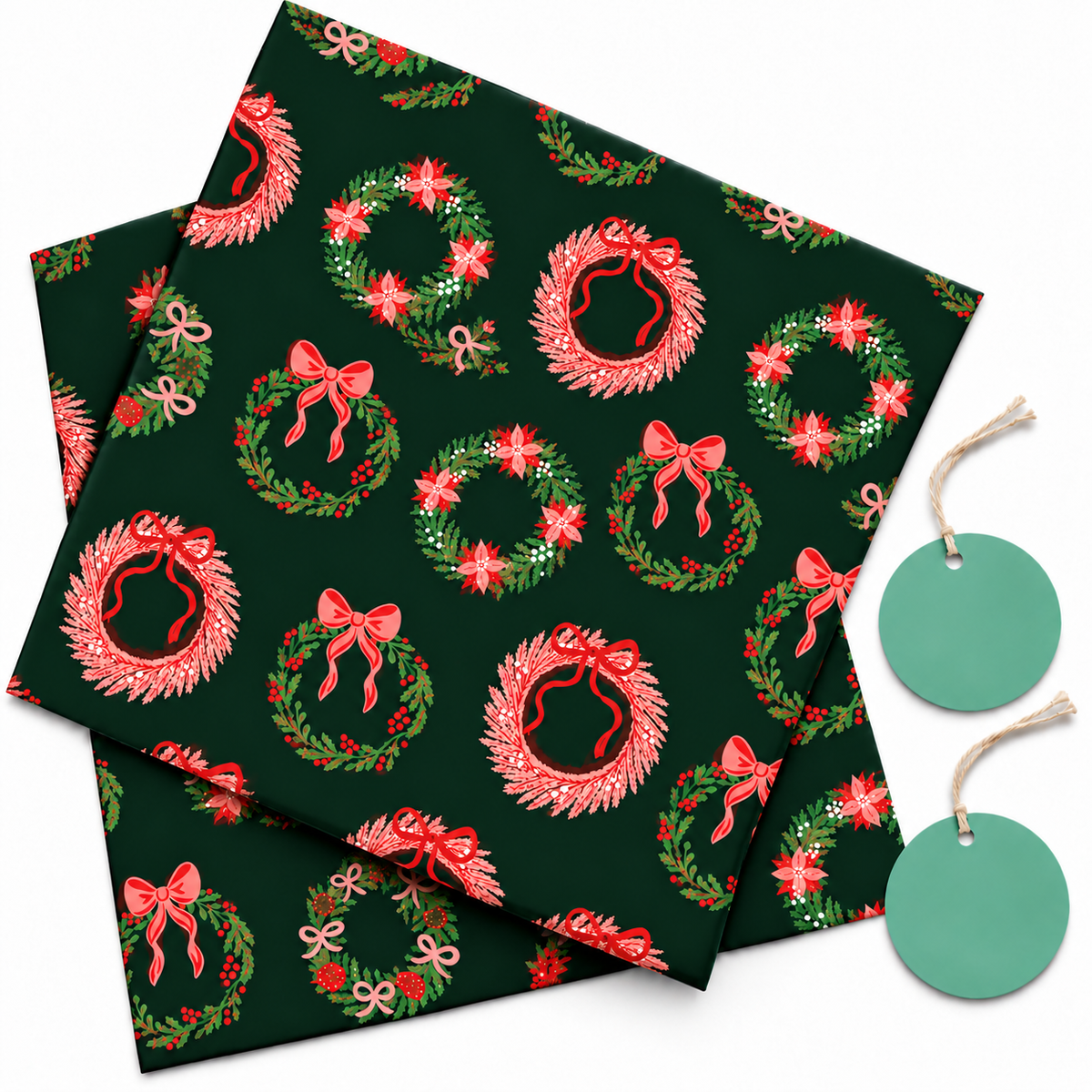 Pack of 2 Winterberry Wreath Design 50 x 70 cm Gift Wrap Sheets with 2 Tags - Christmas Seasonal Celebrations Winter Parties
