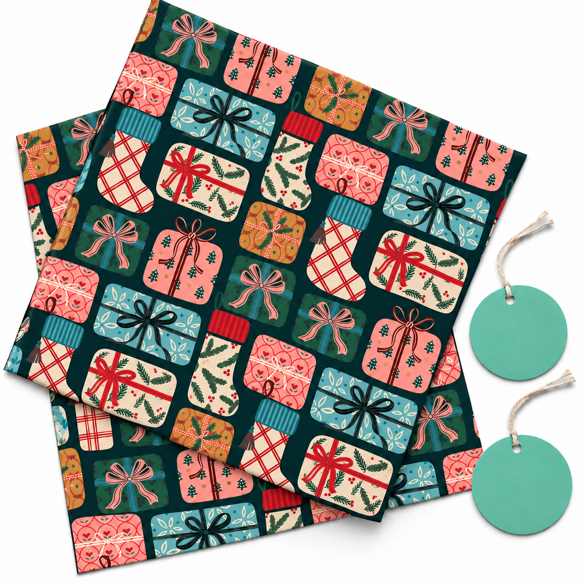 Pack of 2 Present Pattern Design 50 x 70 cm Gift Wrap Sheets with 2 Tags - Christmas Birthdays Kids Party Holiday Gifting