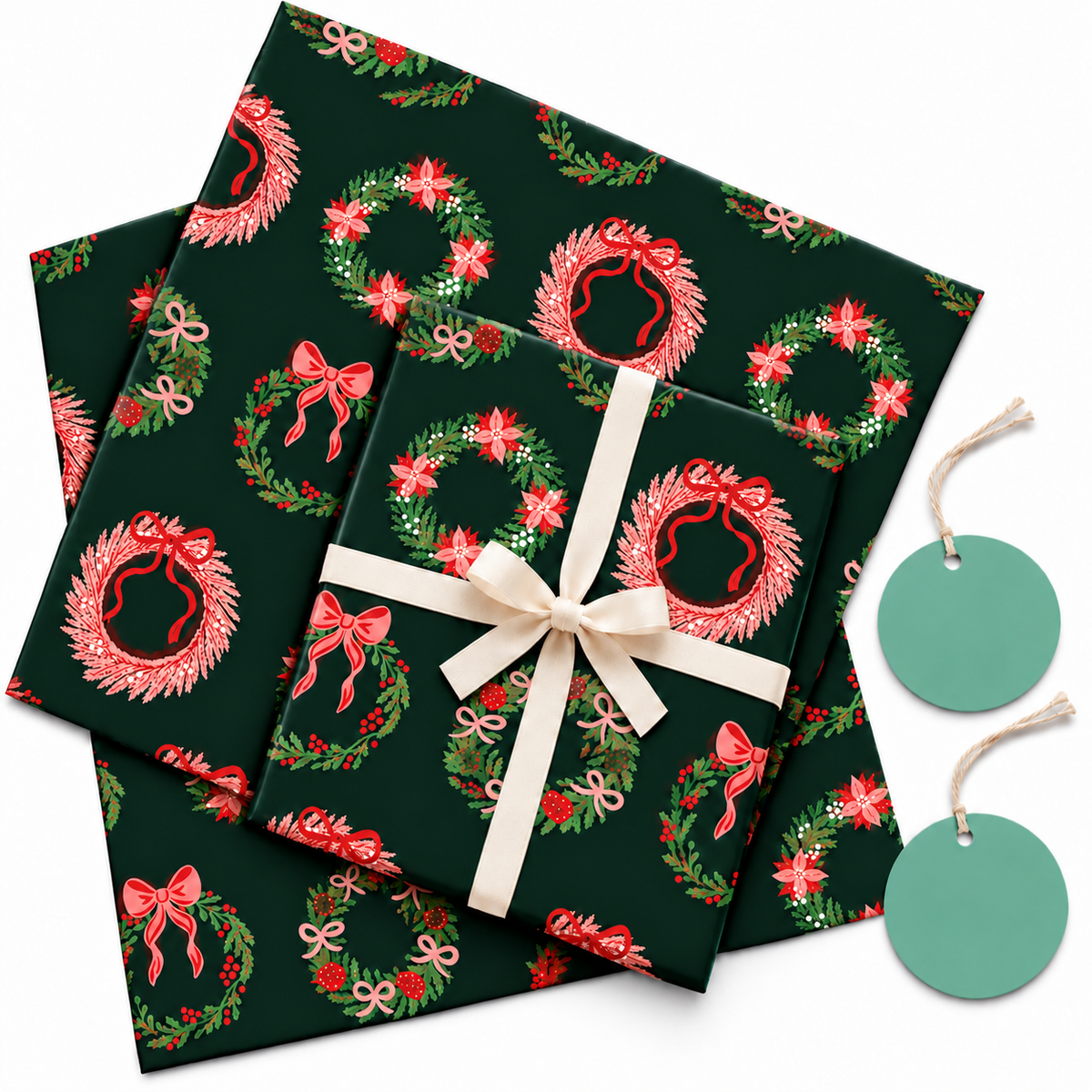 Pack of 2 Winterberry Wreath Design 50 x 70 cm Gift Wrap Sheets with 2 Tags - Christmas Seasonal Celebrations Winter Parties