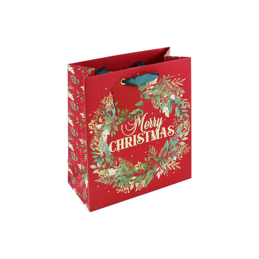 Merry Christmas Wreath Embossed Medium Red Gift Bag
