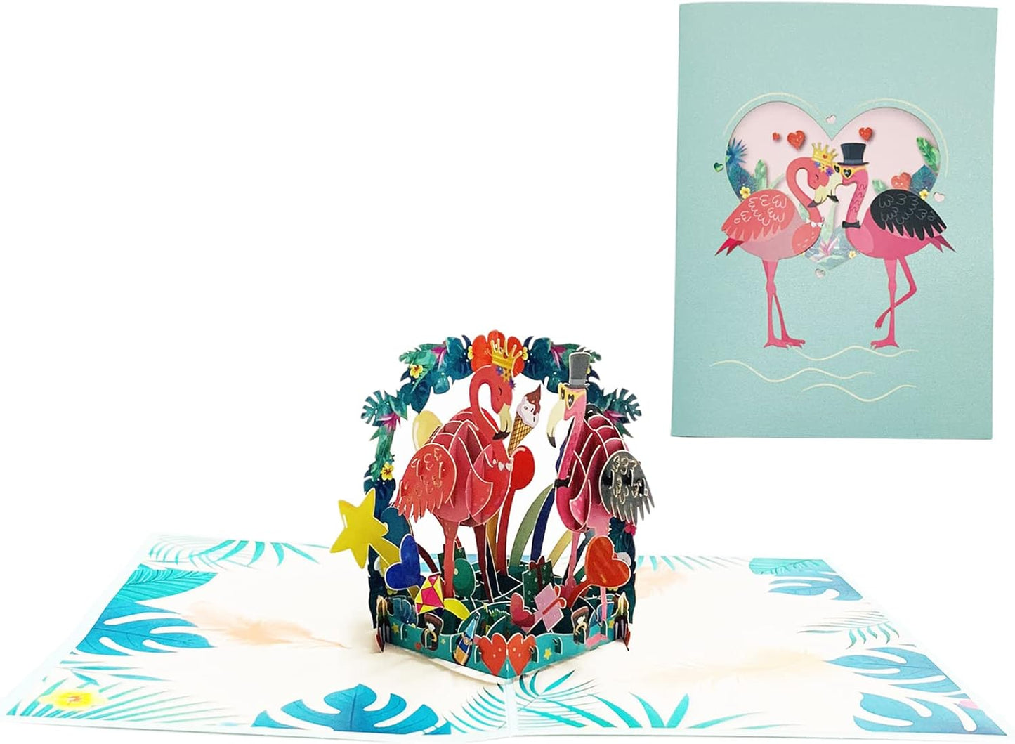 Flamingo Pair and Tropical Scene 3D Pop Up Greeting Card