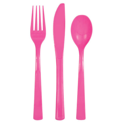 Pack of 18 Hot Pink Solid Assorted Plastic Cutlery
