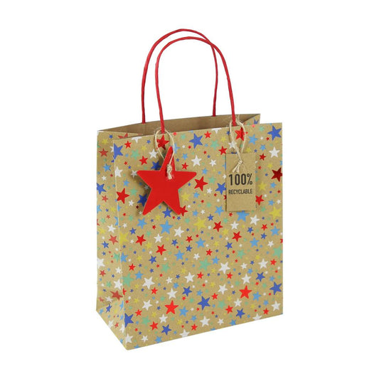 Pack of 6 Kraft Multi Stars Medium Christmas Gift Bags