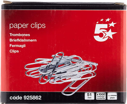 Box of 1000 5 Star Office Giant Paperclips Metal Extra Large Length 51mm Plain