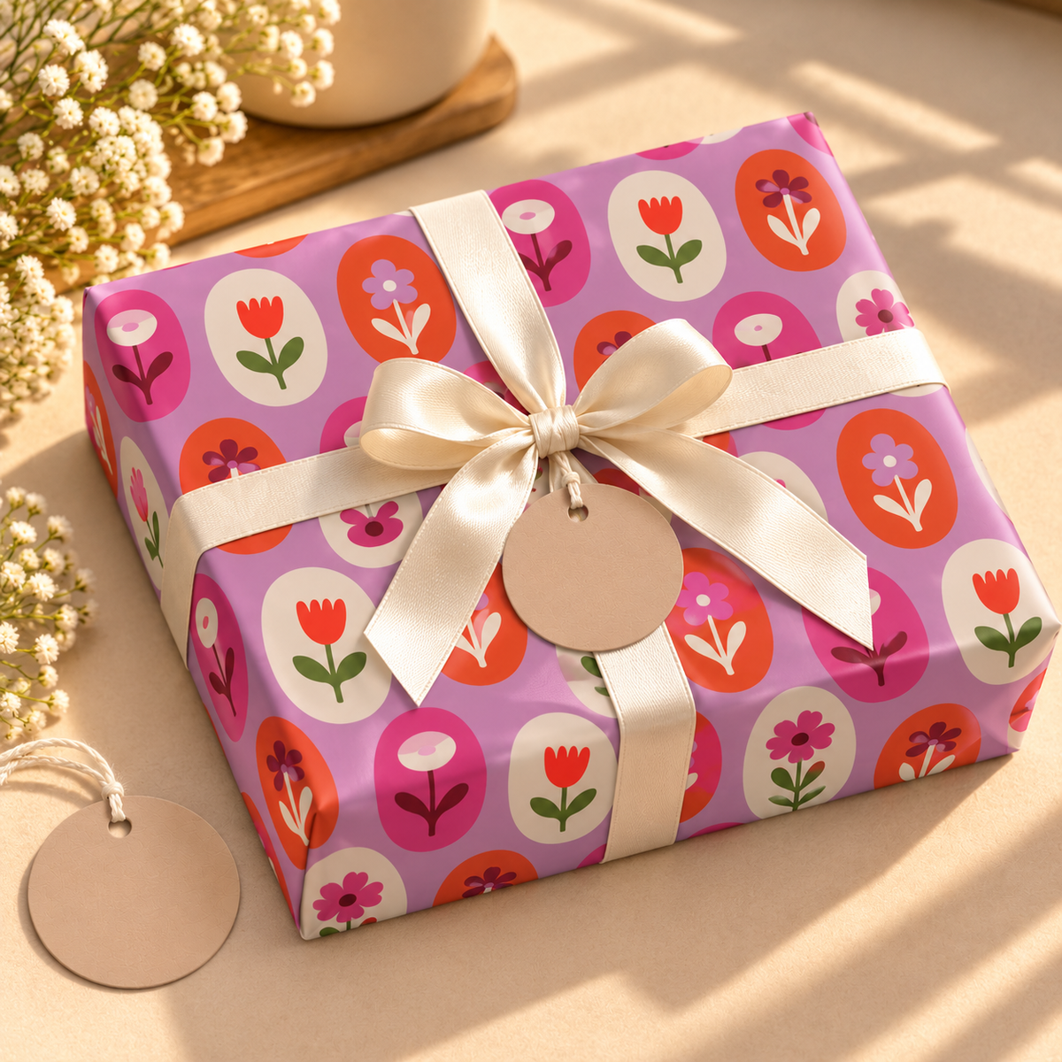 Pack of 2 Spring Tulips Design 50 x 70 cm Gift Wrap Sheets with 2 Tags - Valentine’s Mother's Day Birthdays Everyday Celebrations