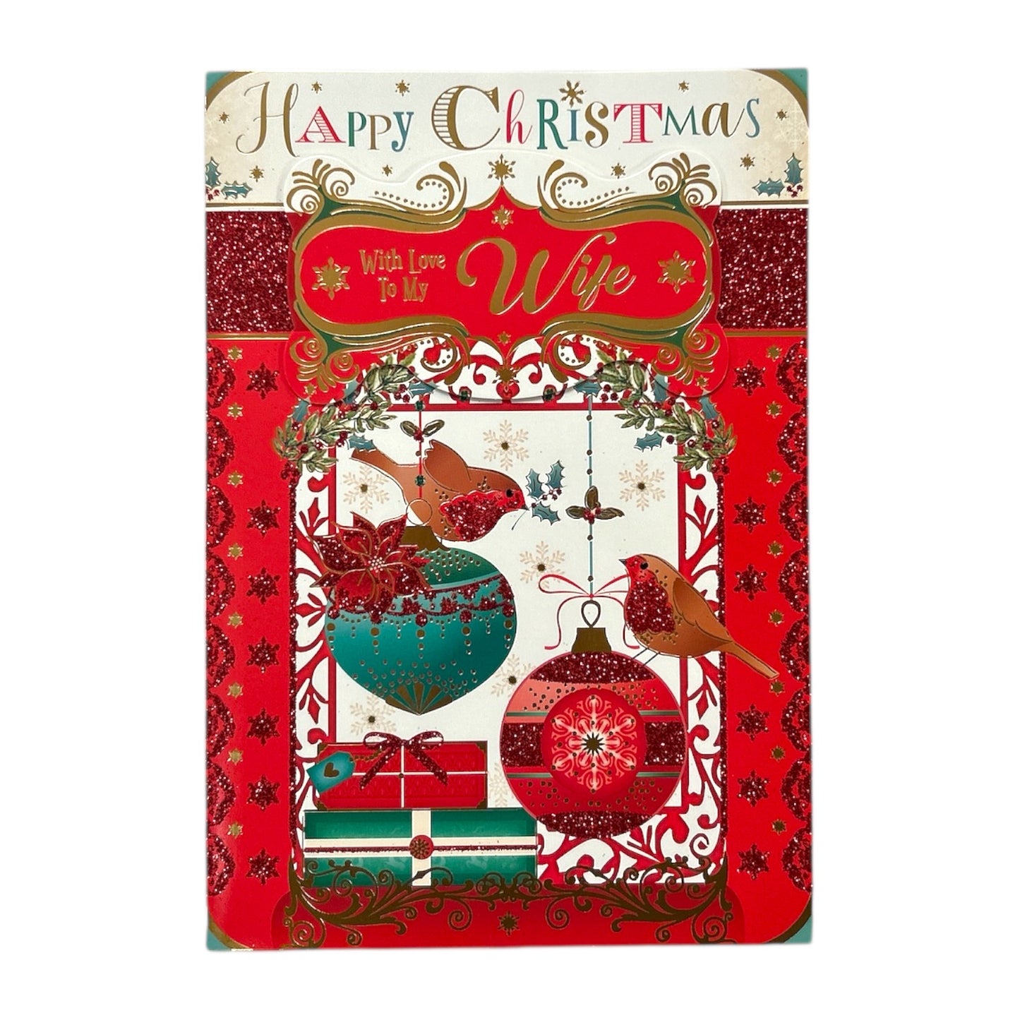 With Love To My Wife Birds On Baubles Design Christmas Card