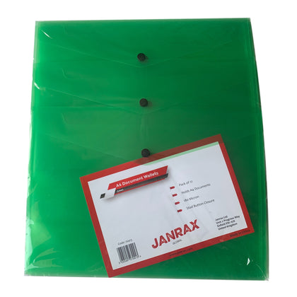 Pack of 12 A4 Green Plastic Document Wallets by Janrax