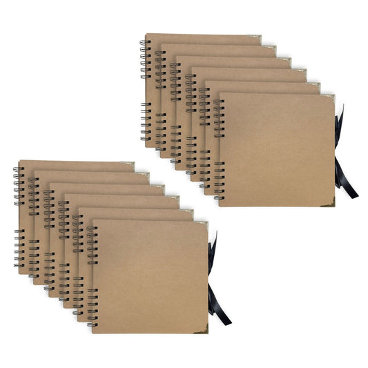 Pack of 12 Spiral Bound 180gsm Kraft Scrapbooks with Ribbon Closure and Metal Corners - 30 Sheets 20x20cm