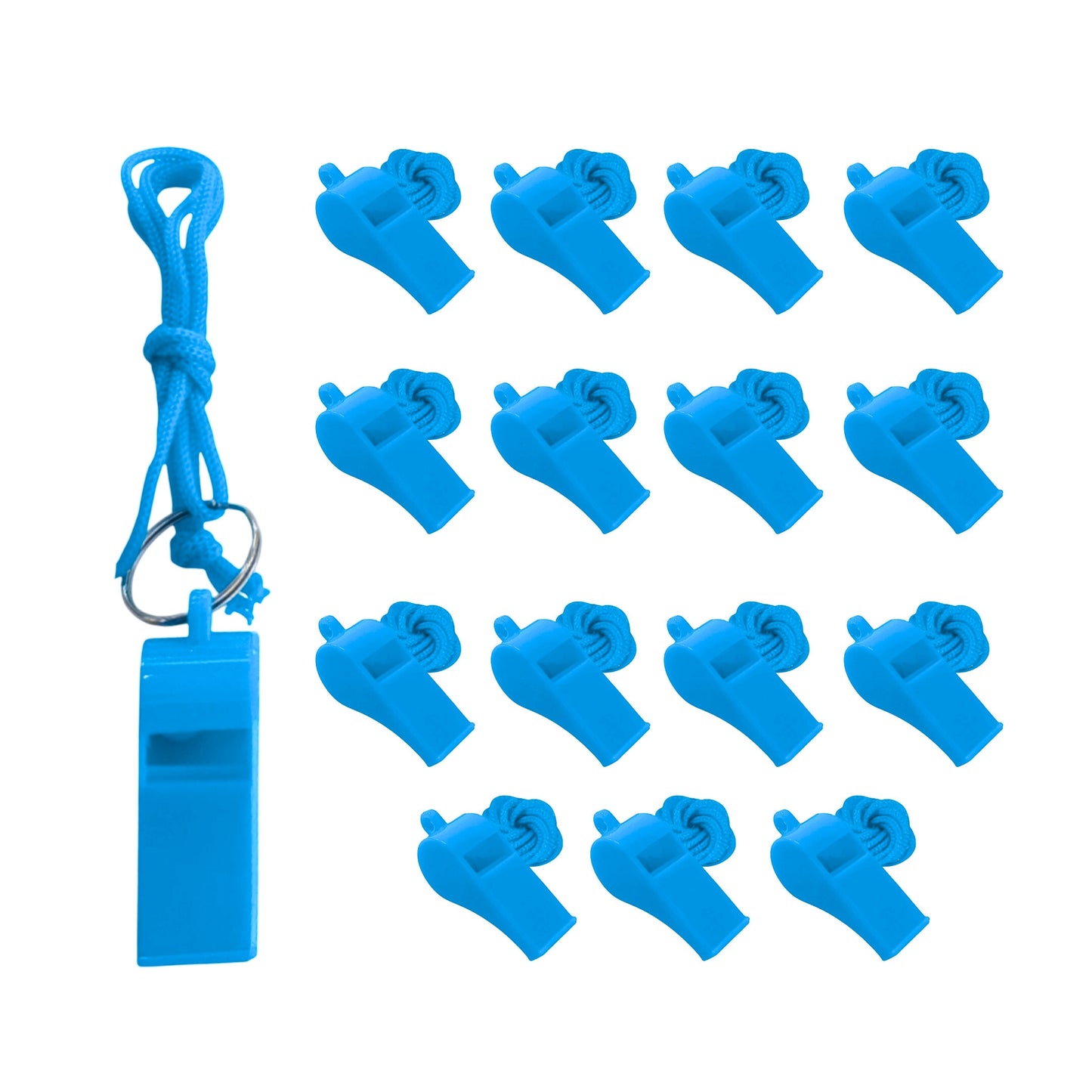 Bag of 10 Light Blue Plastic Whistles with Lanyard Neck Cord