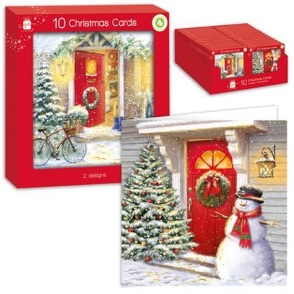 Pack of 10 Front Door Scene Design Square Christmas Cards