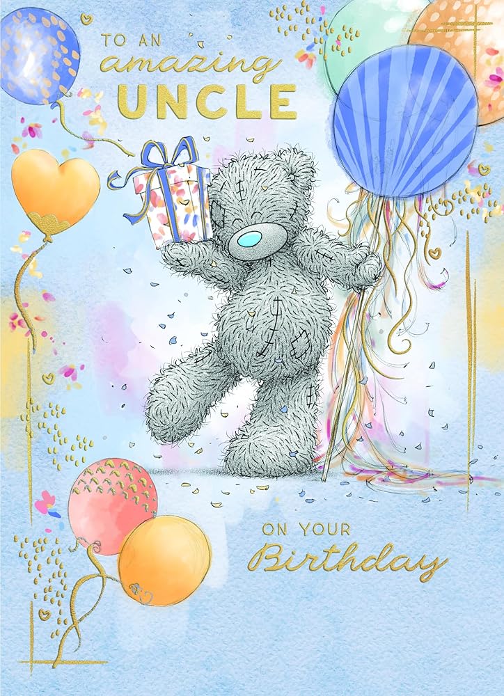 Bear Holding Balloons And Gift Uncle Birthday Card