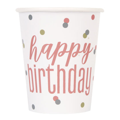 Pack of 8 Glitz Rose Gold Birthday 9oz Paper Cups