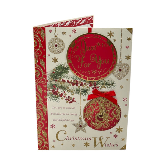 Just For You Hanging Decorative Baubles Design Open Christmas Card