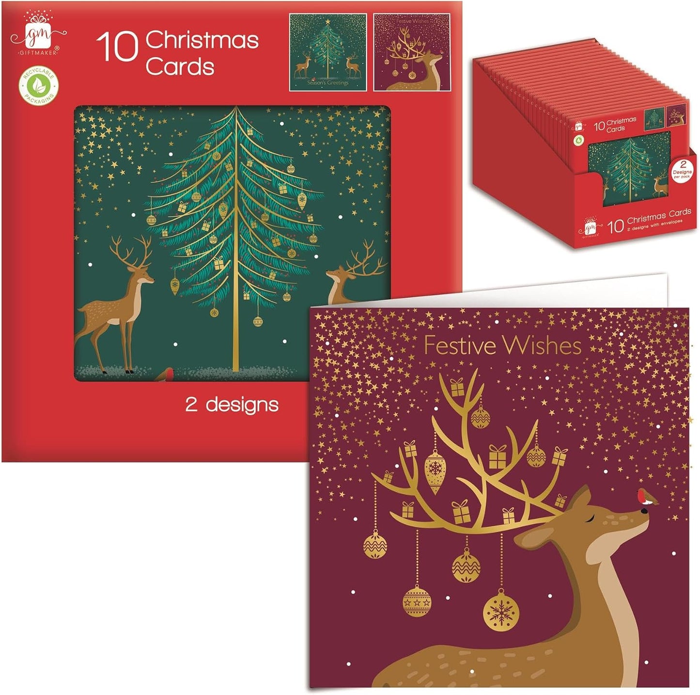 Pack of 10 Festive Contemporary Reindeer Design Square Christmas Cards With Envelopes