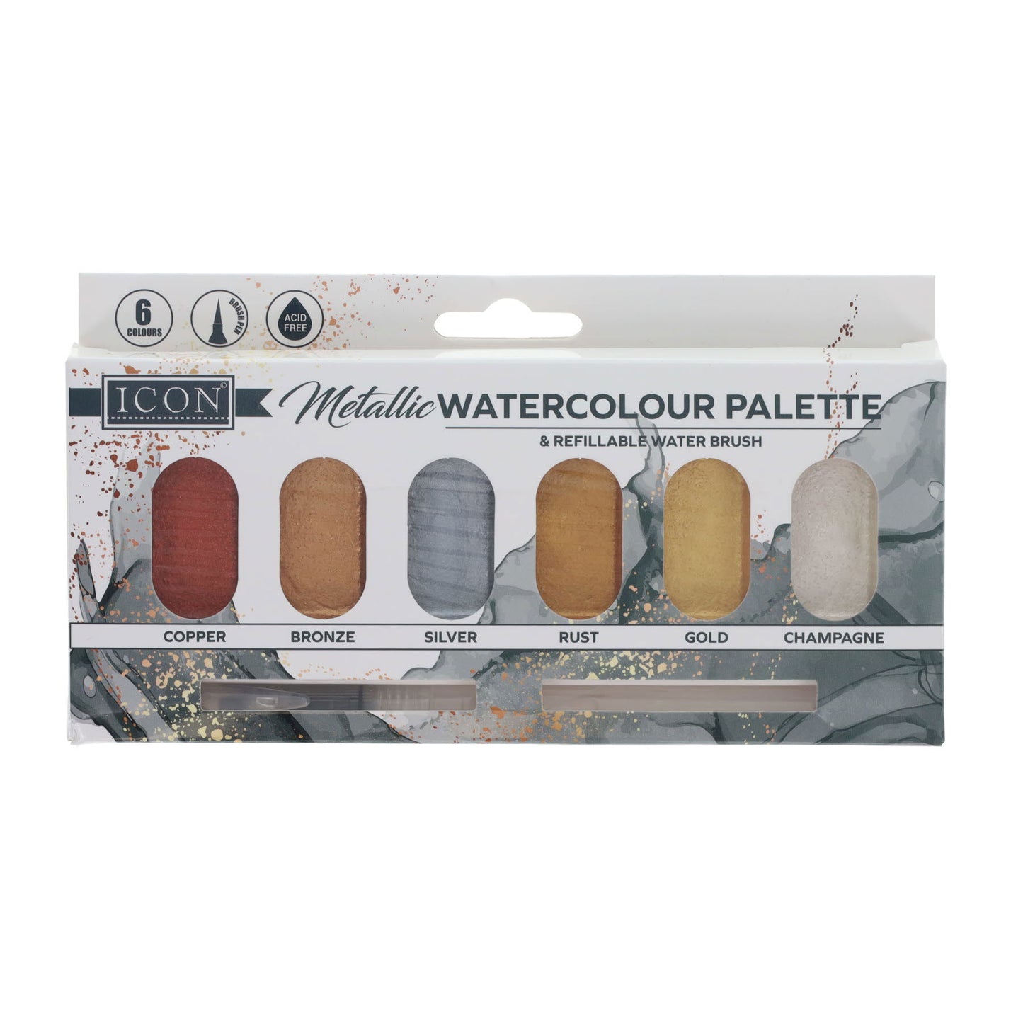 Pack of 6 Metallic Watercolour in Palette & Refillable Water Brush by Icon