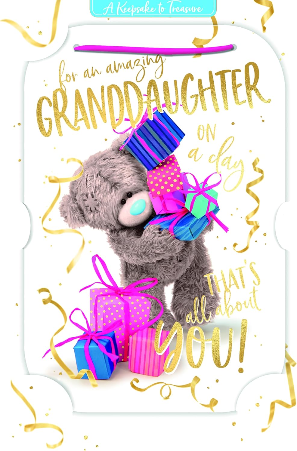 Bear Holding Lots Of Gifts 3D Photo Finish Keepsake Granddaughter Birthday Card