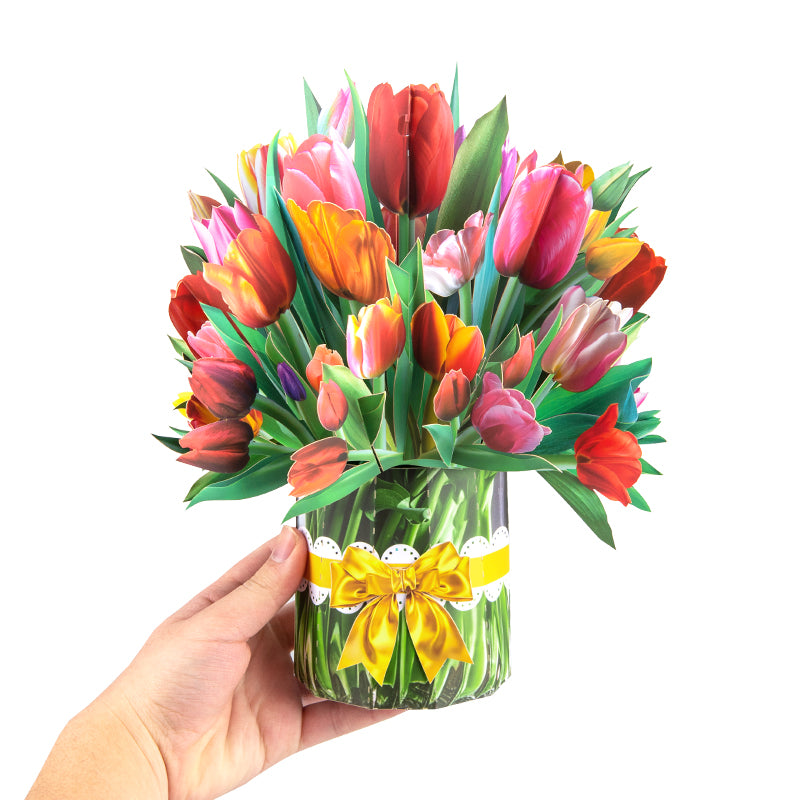 Colorful Tulip Bouquet with Ribbon Bow Design 3D Pop Up Card
