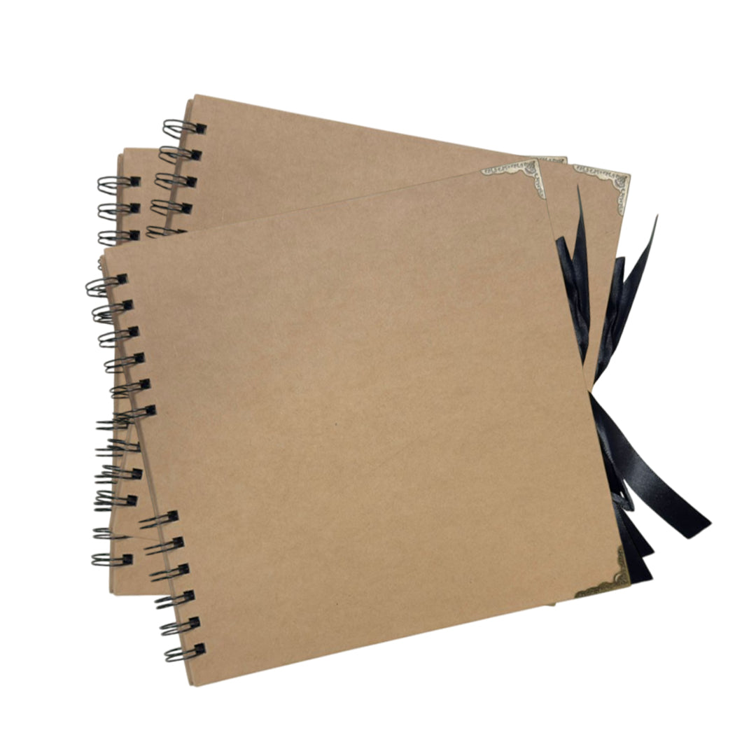 Pack of 12 Spiral Bound 180gsm Kraft Scrapbooks with Ribbon Closure and Metal Corners - 30 Sheets 20x20cm