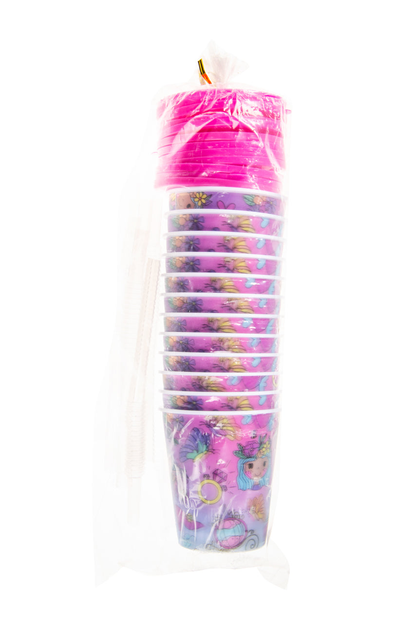 Pack of 12 Princess Theme 3D Cup With Straw and Lid