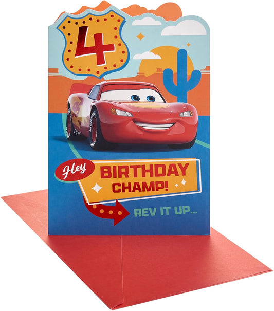 Disney Car Lightning McQueen Design 4th Birthday Card with Activity Inside