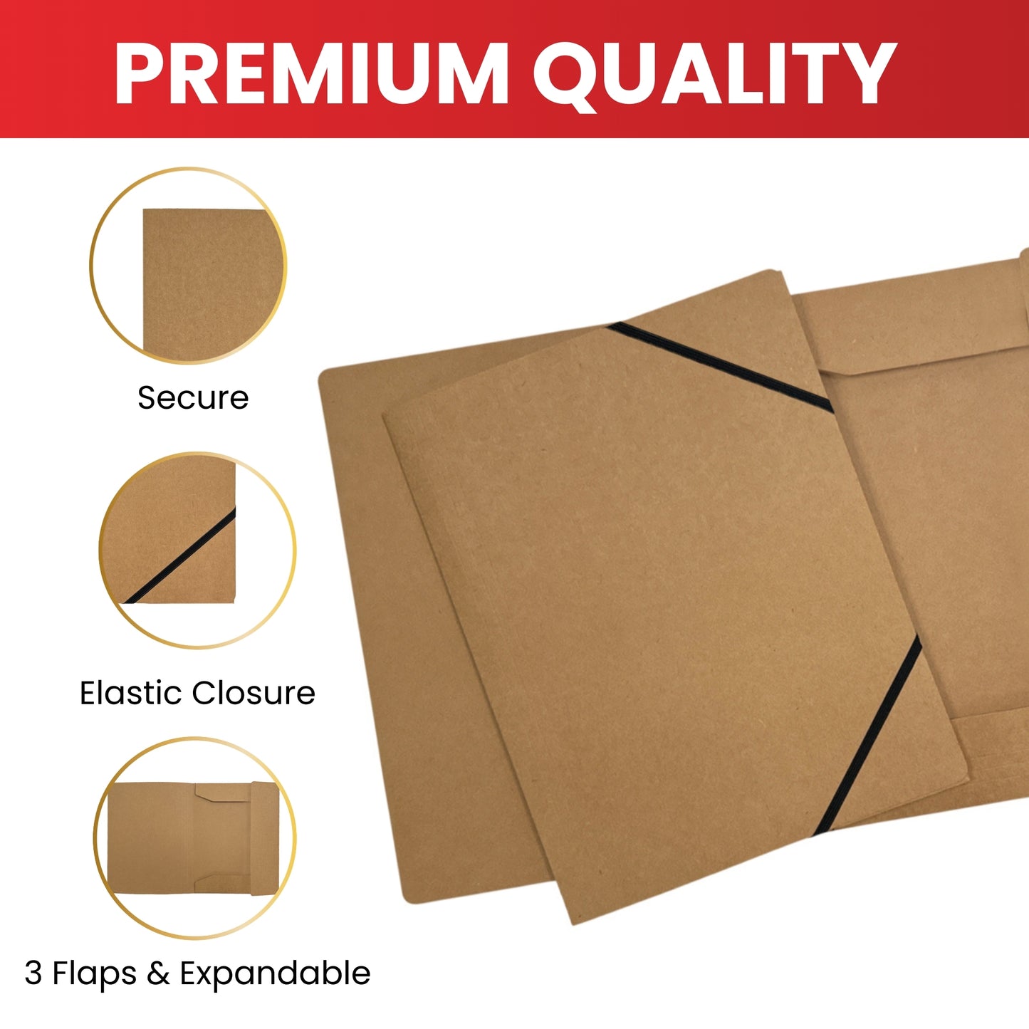 Pack of 12 A4 Kraft Card 3 Flap Folders With Elastic Closure